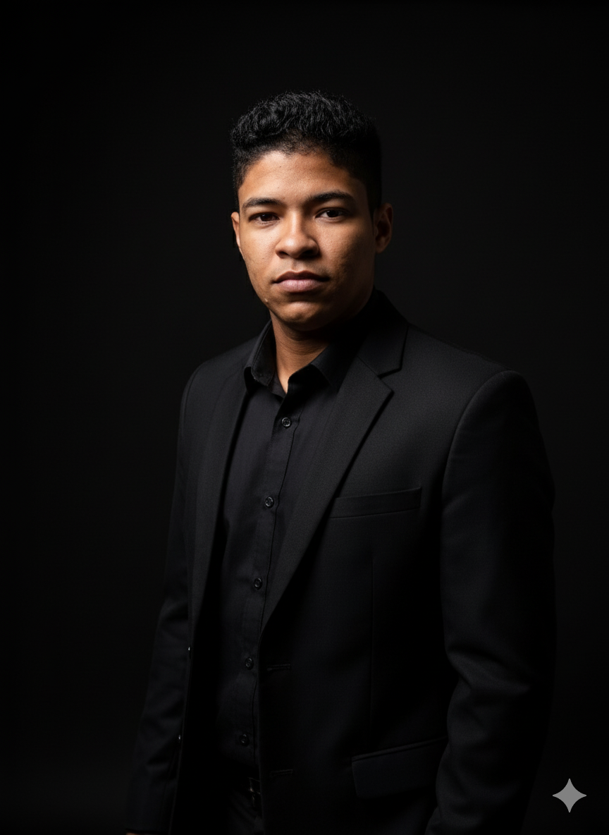 Israel Santos em retrato com traje preto